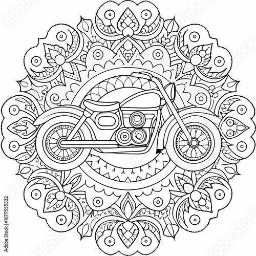 Intricate black and white line art of a classic motorcycle centered within an ornate mandala pattern.