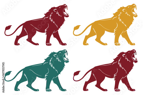 Four stylized roaring lions in different colors standing against a white background