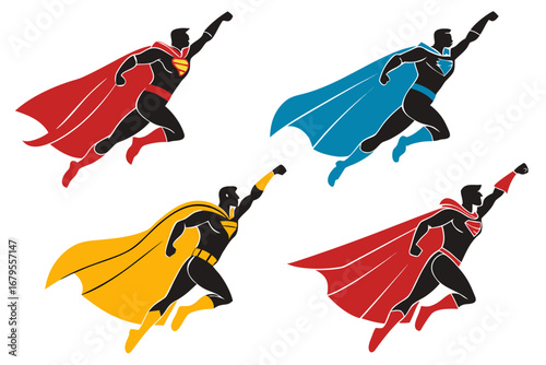 Four stylized superheroes in dynamic flying poses with red blue and yellow capes