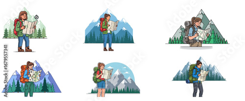 A set of Flat vector female backpacker with map, standing in front of mountains and pine trees. Isolated on white background