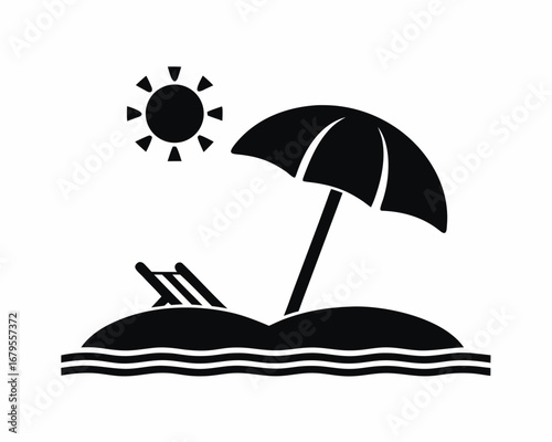 Simple black icon of a sunny beach scene with umbrella and deck chair on sand
