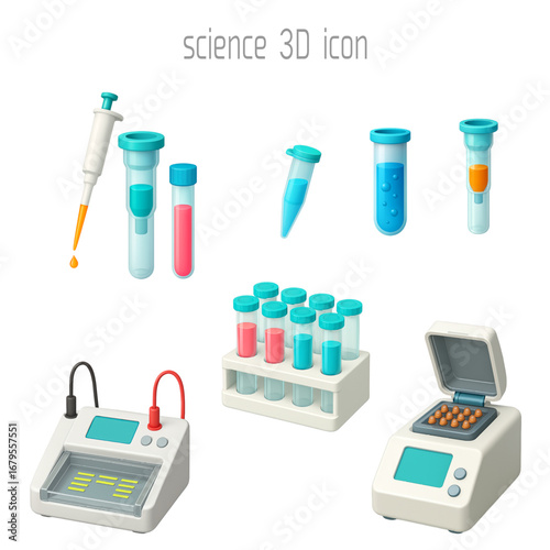 科学実験アイコンセット（3Dスタイル）,Science Lab Icon Set – 3D Style,分子生物学・実験器具イラスト集,分子生物学・実験器具イラスト集,教材・研究向けラボアイコン素材,Educational & Research Lab Icons – 3D Assets