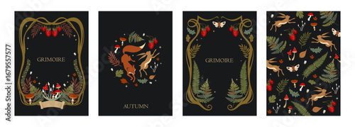 Magic Banner Set. Forest Green Design. Grimoire. Tarot Card Back. Vector cartoon illustration.