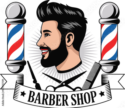 Barber shop cartoon, grooming tools, stylish man profile, barber pole design, scissors and razor, hair salon icon, vintage style, facial hair, haircut service
