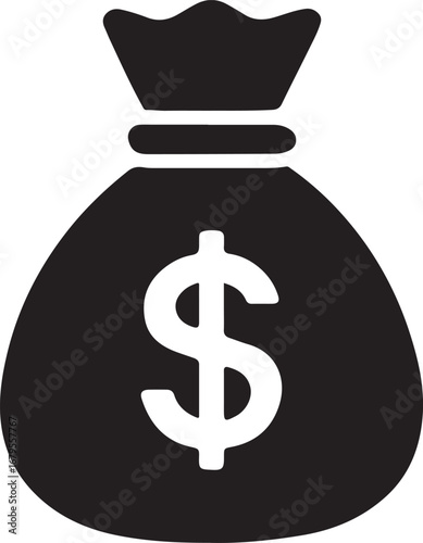 Black money bag with white dollar sign currency