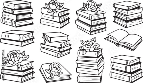 Hand-Drawn Stacks of Books: A Collection of Artistic Illustrations Symbolizing Literature, Knowledge, and Reading with Floral Accents