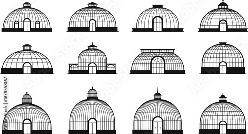 Greenhouse dome icon set, glass conservatory architecture, botanical garden structures, vintage greenhouse illustration, 