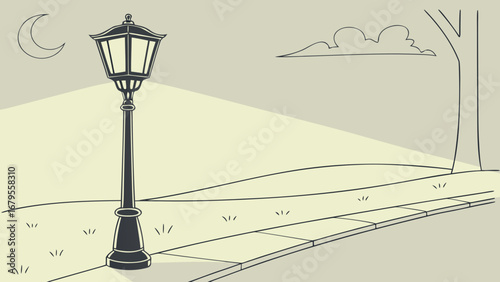 Illustration of a vintage street lamp illuminating a pathway under a crescent moon at night time