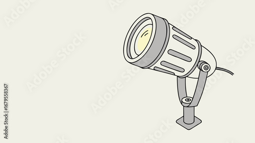 Illustration of a spotlight with a cylindrical body and a support stand on a light background