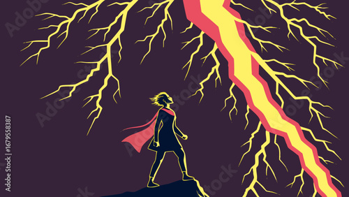 Woman standing on a cliff looking up at a large lightning bolt and smaller lightning strikes around her