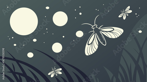 Illustration of moths flying in the night sky with stars and grass in the foreground scene