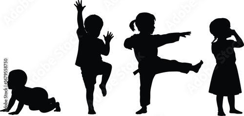 Children silhouette poses, playful movement, cartoon kids, crawling child, martial arts kick, dancing gesture, expressive pose, black shadow art, activity theme, minimal design