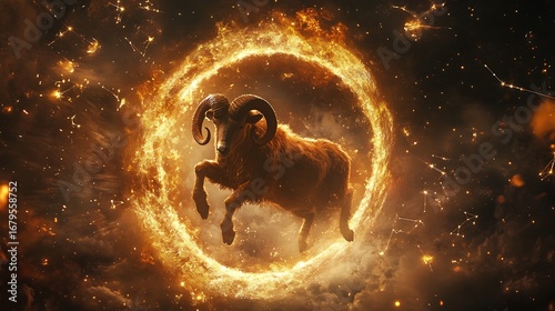 Aries' ram leaping through a ring of golden fire, surrounded by constellations shaped like mythological warriors. 