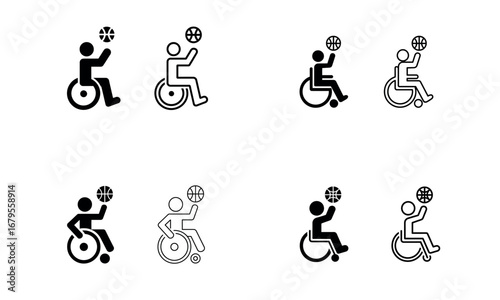 Set of wheelchair basketball icons with disabled sport player symbols in different styles
