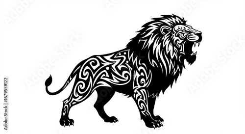 Illustration of a roaring lion with tribal tattoo designs in black and white on a plain background vreated with genrated ai