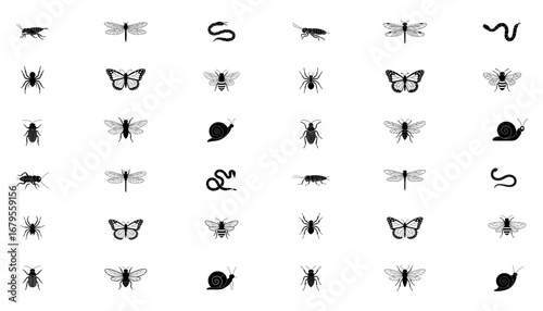 Insects snakes and snails silhouette illustration set for nature and wildlife design 
