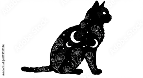 Silhouette of a cat filled with floral designs and crescent moons on a white background image art vreated with genrated ai