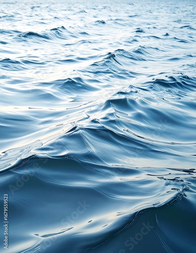 Detailed close-up view of rippling water surfaces, displaying a serene and tranquil mood, with gentle waves and a deep blue color palette.