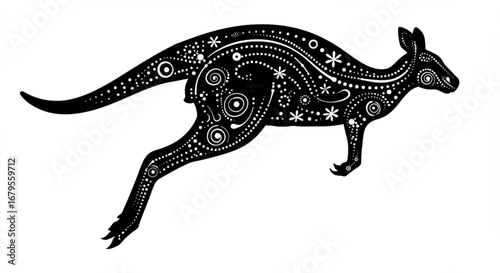 Stylized black kangaroo silhouette with white dots and floral patterns in a dynamic leaping pose design vreated with genrated ai