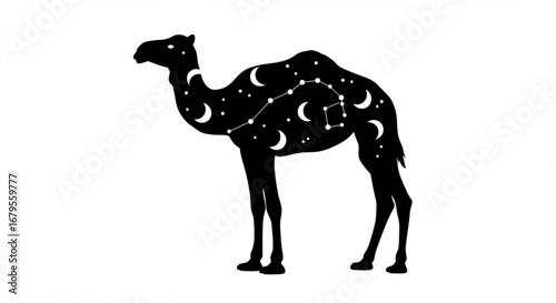 Silhouette of a camel with moon phases and constellation patterns on its body in black and white style vreated with genrated ai