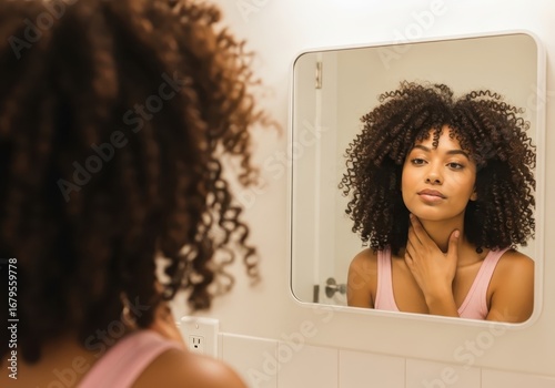 Wallpaper Mural Young black woman with curly hair looking in the mirror and touching her neck, selfcare and beauty concept Torontodigital.ca