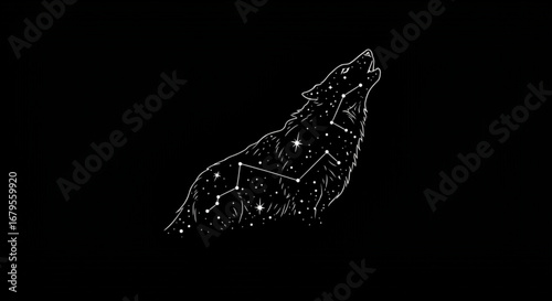 Stylized howling wolf silhouette filled with stars and constellation on black background design vreated with genrated ai