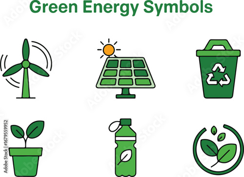 Green Energy Symbols Icon Set for Renewable Resources and Environmental Solutions