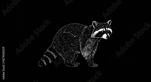 Illustration of a raccoon with constellations and stars on its fur against a black background vreated with genrated ai
