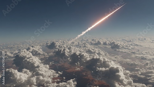 Rocket launch, streaking through a cloudy atmosphere above a desert landscape