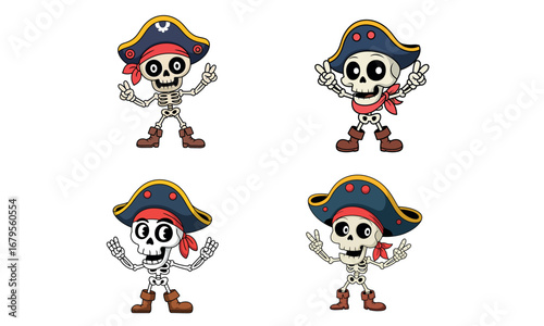 Cartoon pirate skeleton character with hat and boots illustration for halloween and adventure design 
