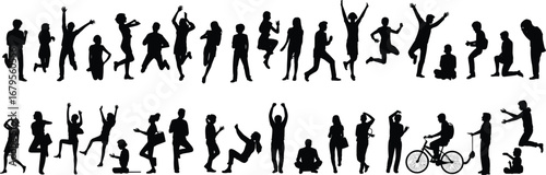 Human silhouette poses, dynamic activity set, cartoon motion figures, expressive movement, physical action, dancing, jumping, running, biking, stretching, playful gesture, minimal design