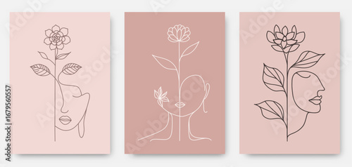 Set of abstract line art woman face with flower logo vector template