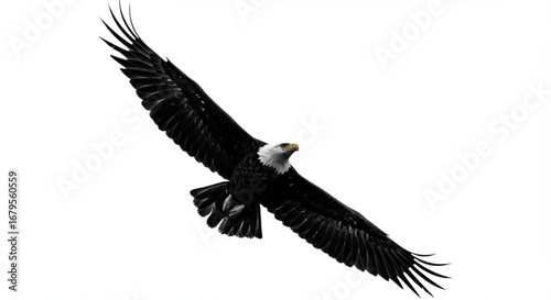 A majestic bald eagle soars through the sky with its wings spread wide against a white background completely vreated with genrated ai