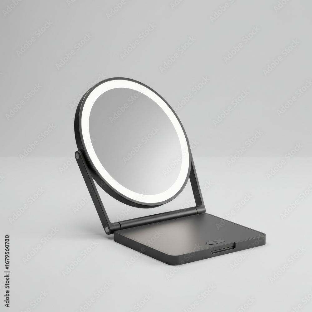 Fototapeta premium Black Illuminated Makeup Mirror on Gray Background for Cosmetic Use
