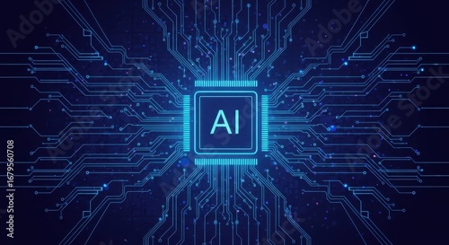 Wallpaper Mural Abstract digital illustration of a central ai chip with glowing blue circuits and connections, representing artificial intelligence Torontodigital.ca