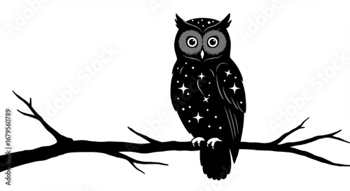 Black and white illustration of a starry owl perched on a branch with a white background vreated with genrated ai