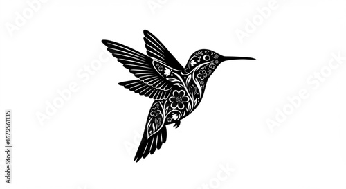Floral hummingbird illustration in black and white with intricate wing and body details design art vreated with genrated ai