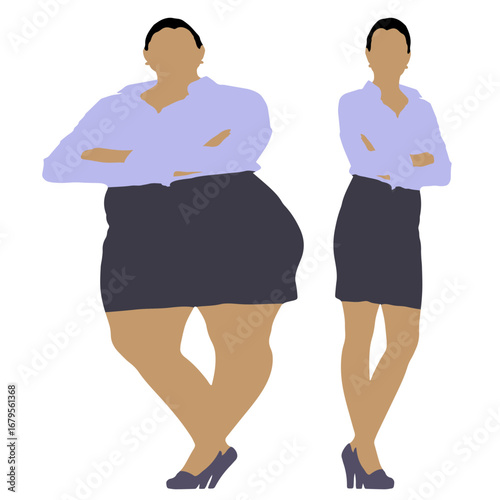 Conceptual fat overweight obese female vs slim fit healthy body after weight loss or diet on white background. A  fitness, nutrition or obesity, health shape illustration vector as silhouettes