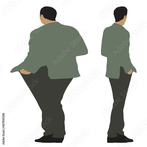 Conceptual fat overweight obese man vs slim fit healthy body after weight loss or diet, white background. A  fitness, nutrition or obesity, health care shape illustration vector as silhouettes