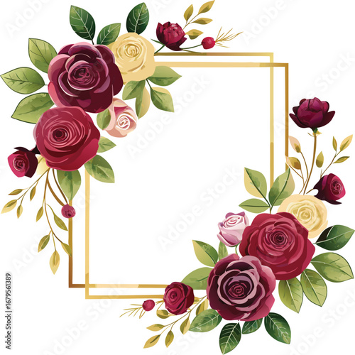 Elegant burgundy rose floral square frame vector graphic for invitations and greetings