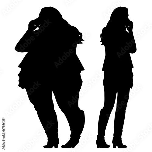 Conceptual fat overweight obese female vs slim fit healthy body after weight loss or diet on white background. A  fitness, nutrition or obesity, health shape illustration vector as silhouettes