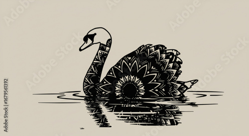 Detailed swan illustration with intricate patterns and reflections on the water surface art vreated with genrated ai