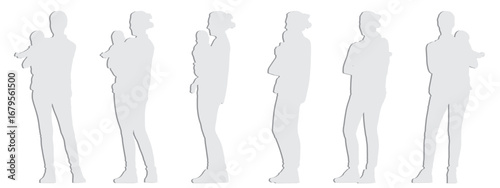 Vector concept conceptual gray paper cut silhouette of a woman baby in her arms from different perspectives isolated on white background. A metaphor for motherhood, love and care, family, and lifestyl