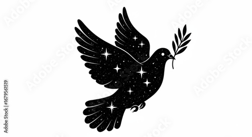 Black and white illustration of a dove with stars and a branch in its beak flying in the sky vreated with genrated ai
