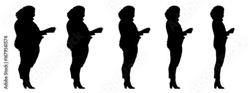 Conceptual fat overweight obese female vs slim fit healthy body after weight loss or diet on white background banner. A  fitness, nutrition or obesity, health shape illustration vector as silhouettes