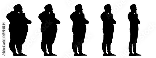 Conceptual fat overweight obese man vs slim fit healthy body after weight loss or diet, white background banner. A  fitness, nutrition or obesity, health care shape illustration vector as silhouettes