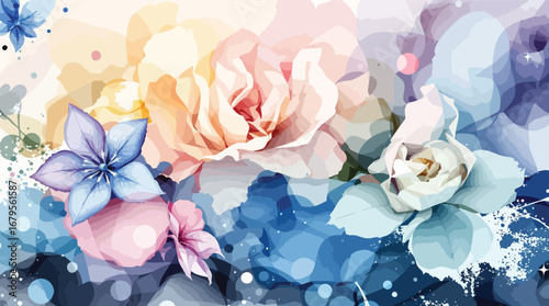 Soft Watercolor Floral Arrangement with Roses and Blue Flowers pastel.