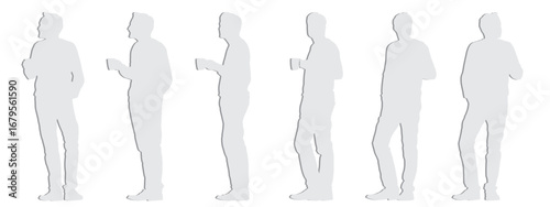 Vector concept conceptual  gray paper cut silhouette of a casually dressed men holding a cup in hand from different perspectives isolated on white. A metaphor for taking a break, rest and relaxation