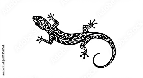 Stylized black and white lizard with intricate patterns on a white background illustration art vreated with genrated ai