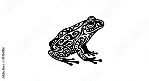 Detailed black and white illustration of a frog with intricate tribal patterns and design elements vreated with genrated ai